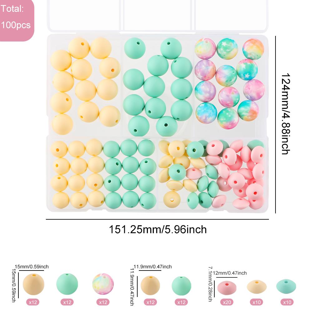 

Kovict 100Pcs/Box Silicone Beads Round Printed Loose Lentils Beads Bracelet Making DIY KeyChain Necklace Handmade Accessories