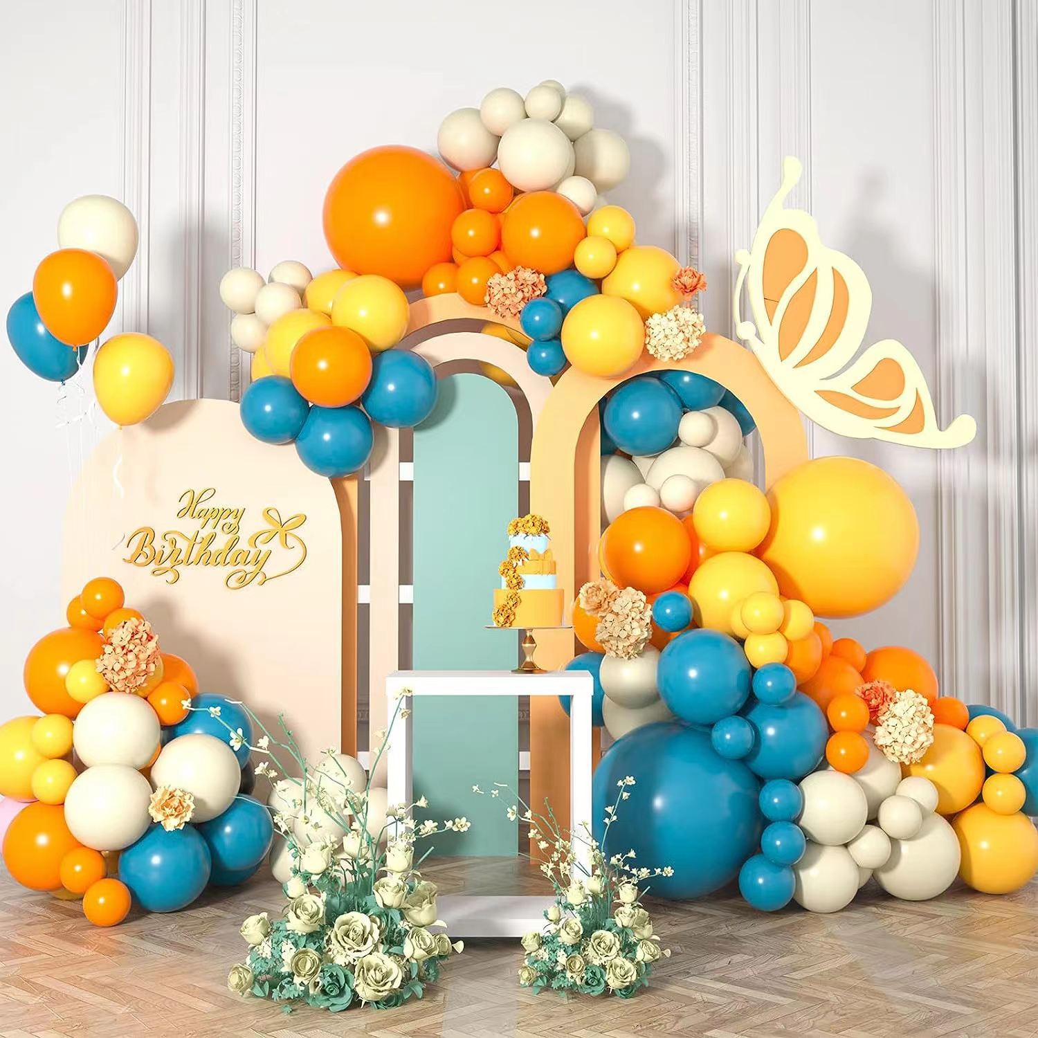 

Yellow Orange Balloon Vaulted Flower Set 126 Pieces Blue And Blue Lemon Yellow Balloon Birthday Wedding Baby Shower Party Set as shown