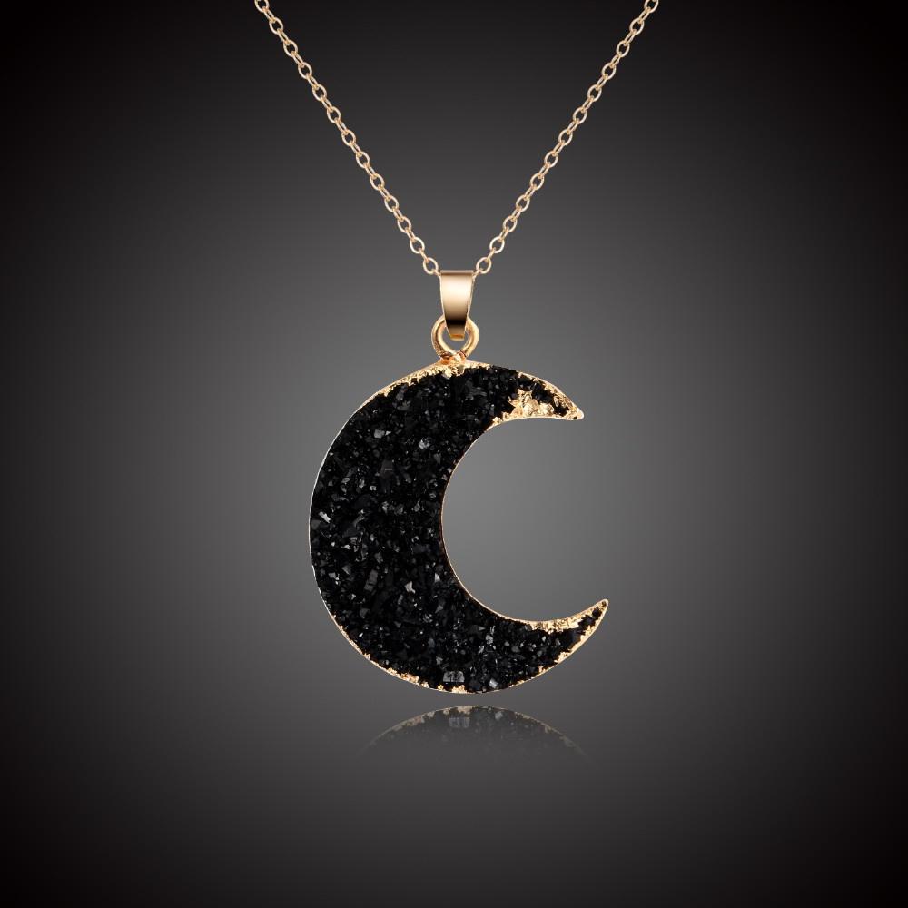 Exquisite Moon Shape Stone Female Link Chain Pendant Necklace With Drusy Charm