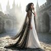 Schwarzer durchsichtiger Netz-Hexenmantel mit Kapuze für Damen mit goldenem Sternen-Mond-Muster für Halloween-Party-Kostüm-Styling-Kleidung