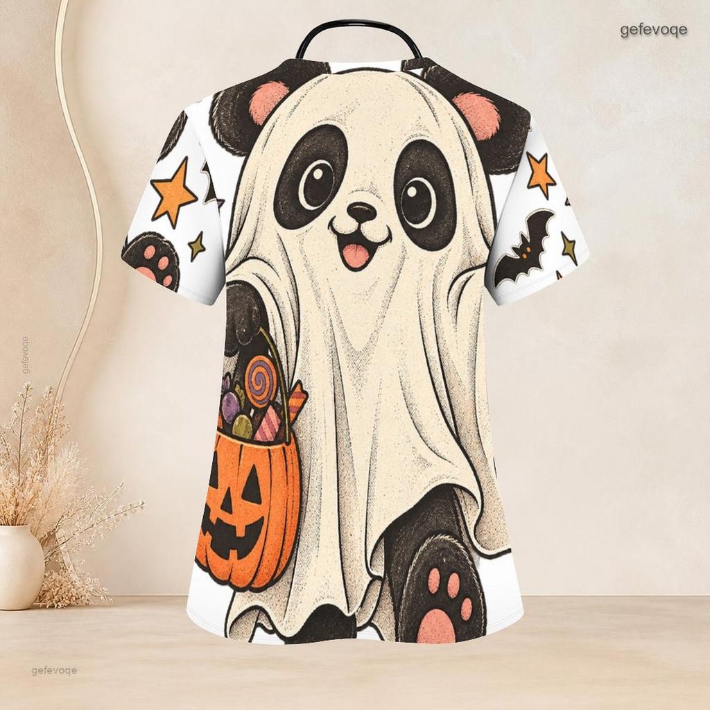 Women Plus Size Halloween Panda Ghost Printed Scrub Top V Neck Short Sleeve With Front Pockets