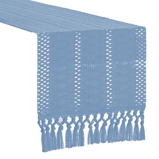 Boho Knitted Table Runner Handmade Rustic Table Runner with Tassels Cotton Linen Farmhouse Table Runner for Dining Table Sideboard Dresser Decor
