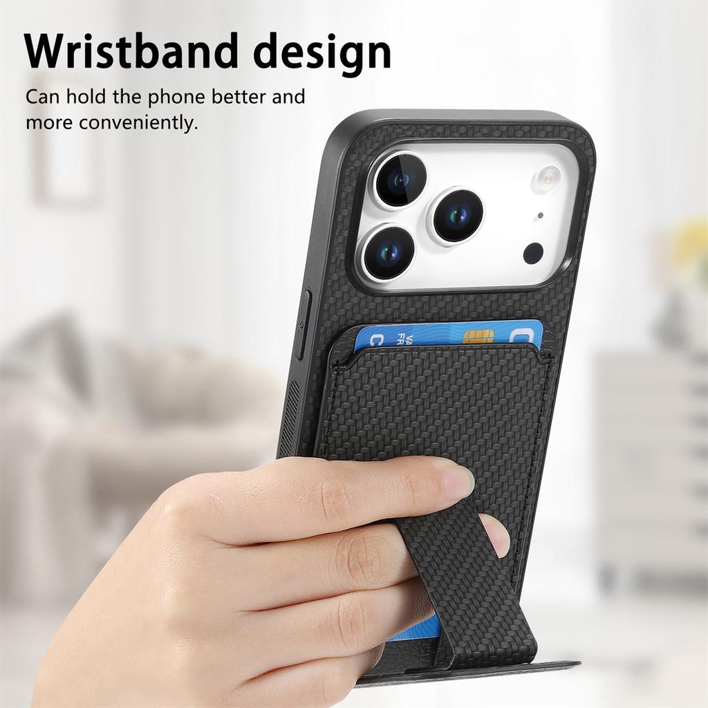 For iPhone 17 Pro Case Card Holder Carbon Fiber Texture Leather Coated TPU Phone Cover
