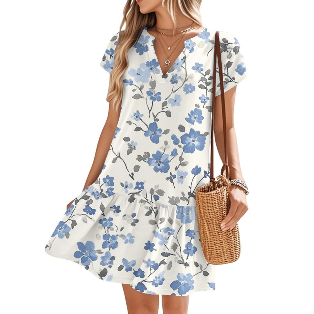 Damenkleider Kurzarm V-Ausschnitt Blumendruck Locker Lässig Temperament Strandkleider
