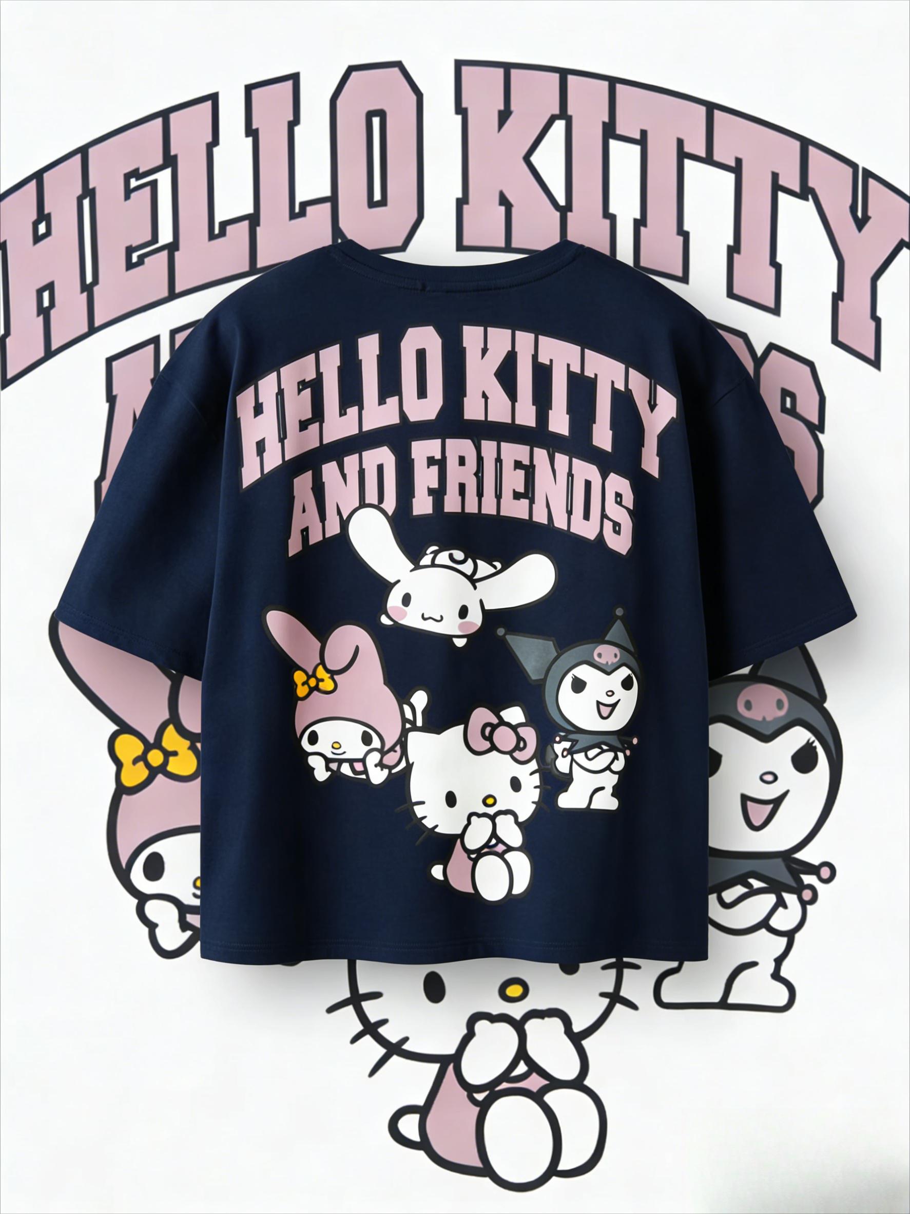 

2026 новая футболка Hello Kitty из мягкого хлопка с коротким рукавом и круглым вырезом, милый принт, легкий летний топ для женщин, повседневная одежда S