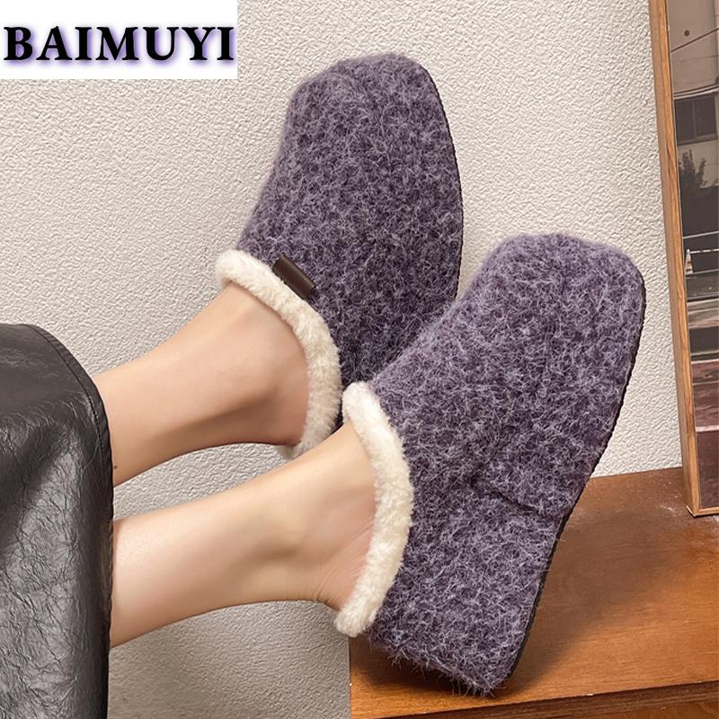 Pelzige flache Plateau Damen Baumwollpantoffeln Modeschuhe 2025 Trend Winter Kurzer Plüsch Slingback Flip-Flops Lässig Mujer Zapatos