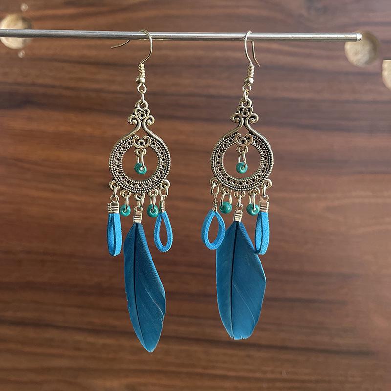 Trendy Ethnic Retro Multicolor Feather Beaded Circle Dangle Earrings