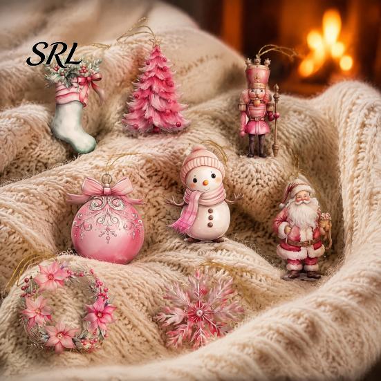 Christmas Gift Tags 12/24/36Pcs Pink Wooden Ornaments Set, Snowman Santa Hanging Decors, Xtmas Hanigings with Ropes for Tree Home Decor Party Supplies
