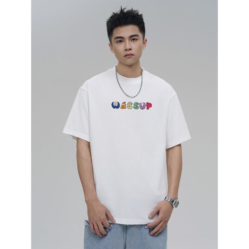 Wassup Trendy Brand Simple Letter T-Shirt Short Sleeve Unisex Summer 24 New Versatile Loose Casual Round Neck Top