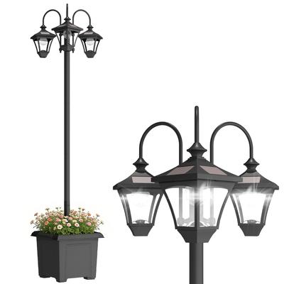Solar-Laternenpfahl mit Dämmerungssensor Straßenlaterne mit 3-flammigem Pflanzgefäß 185 cm Schwarz