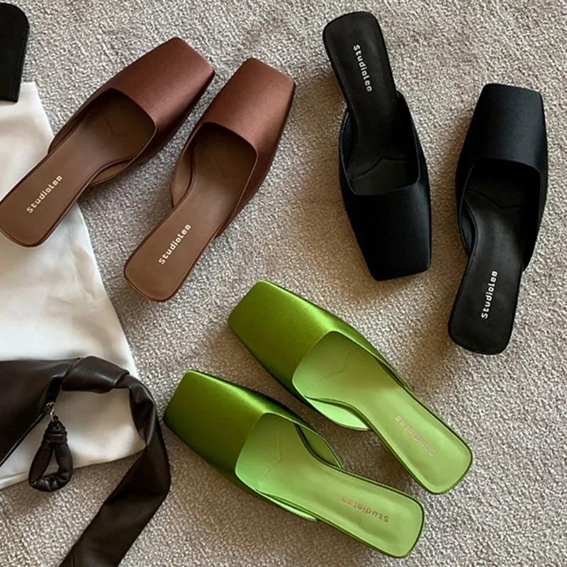 Fashion Luxury Satin Design Mules Shoes for Women Summer Sexy Square Head Strange Low Heel Slide Sandals Elegant Comfort Dress Slippers