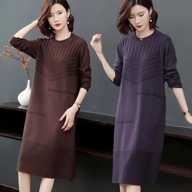 Pletené svetrové šaty ke kolenům pro ženy Podzimní a zimní stylový pulovr střední délky a jednobarevné pletené šaty s dlouhým rukávem Pulovr
