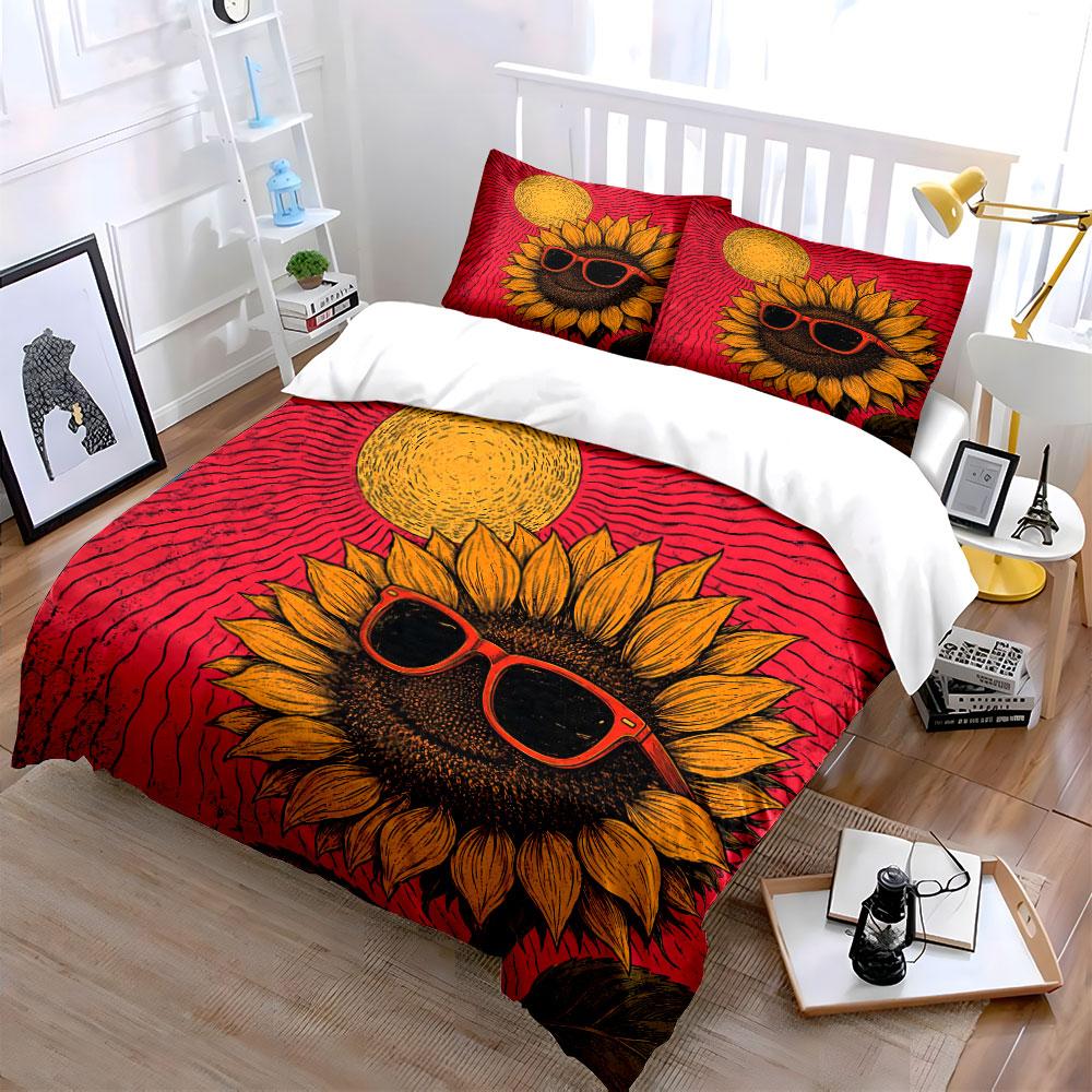 Sunflower with Sunglasses Design Bedding Duvet Cover Set Duvet Cover Pillowcases (1*Duvet Cover 2*Pillowcases, Without Duvet Insert)