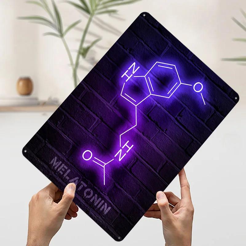 Melatonin Neon Molecule Tin Plaque Poster Customized Wall Art Retro Vintage Metal Signs for Man Cave Room Decoration Wand Deko