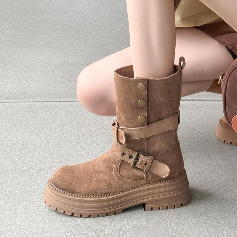 Women's Y2K Suede Ankle Cowboy Boots with Buckle Design, Thick Soles, and Round Toes.