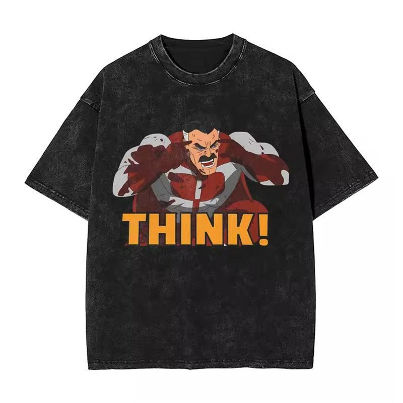 Summer Invincible Animation Mark Washed Vintage Tshirt Loose Fit Unisexs And Unisexs Trendy Printed Couple Short Sleeve Shirt