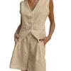 European & American Design Cotton Linen Suit: Women's Summer Casual Sleeveless Vest & Shorts Set