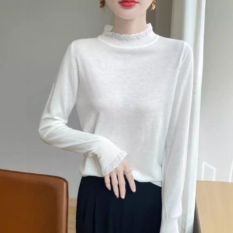 Semi-turtleneck fungus edge lace splicing knitted sweater women's autumn and winter new sweater inner and outer wear bottoming shirt thin