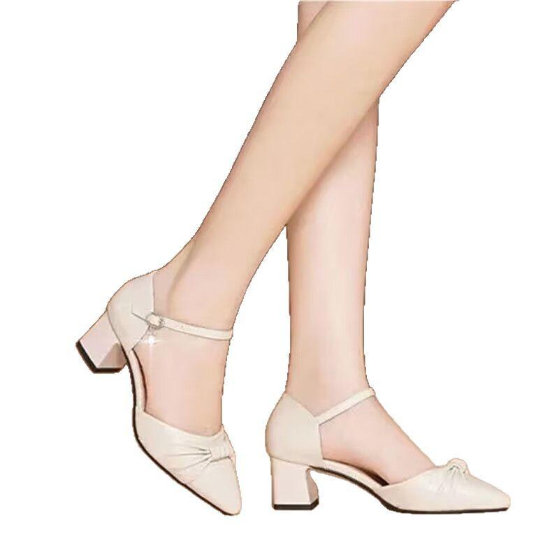 Famous Brand Leather High-end Summer Women's Shoes Bag Head High-heeled Sandals Women's 2025 New Medium Heel Thick Heel Temperament Single Shoes
