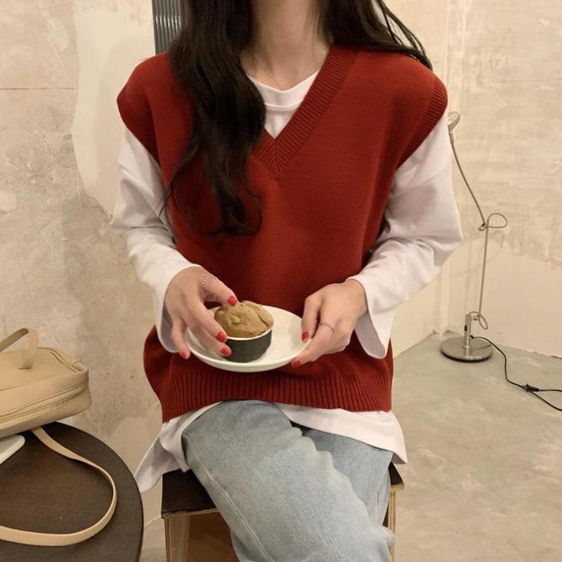 Spring Autumn Versatile Women's Knit Vest Outer Wear Japanese Style Loose Outer Layer V-Neck Sweater Vest