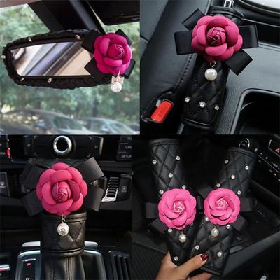 6Pcs Crystal Camellia Car Accessories Set Auto Seat Belt Cover Shoulder Pad Shift Handbrake Rearview Mirror Cover Tissue Box