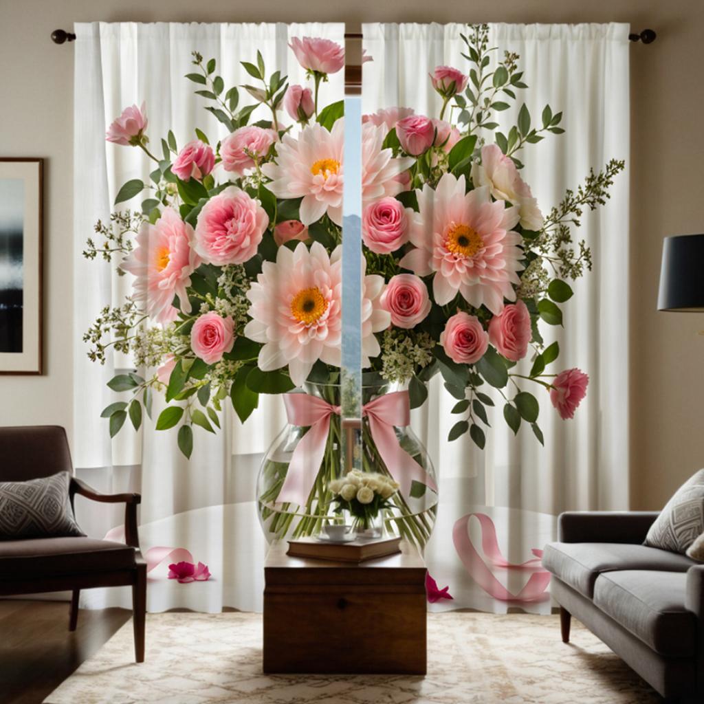 2pcs HD Vase Bouquet of Roses Decorative Curtain Pink Tie Digital Printed Curtain Home Decoration Style Decorative Living Roo