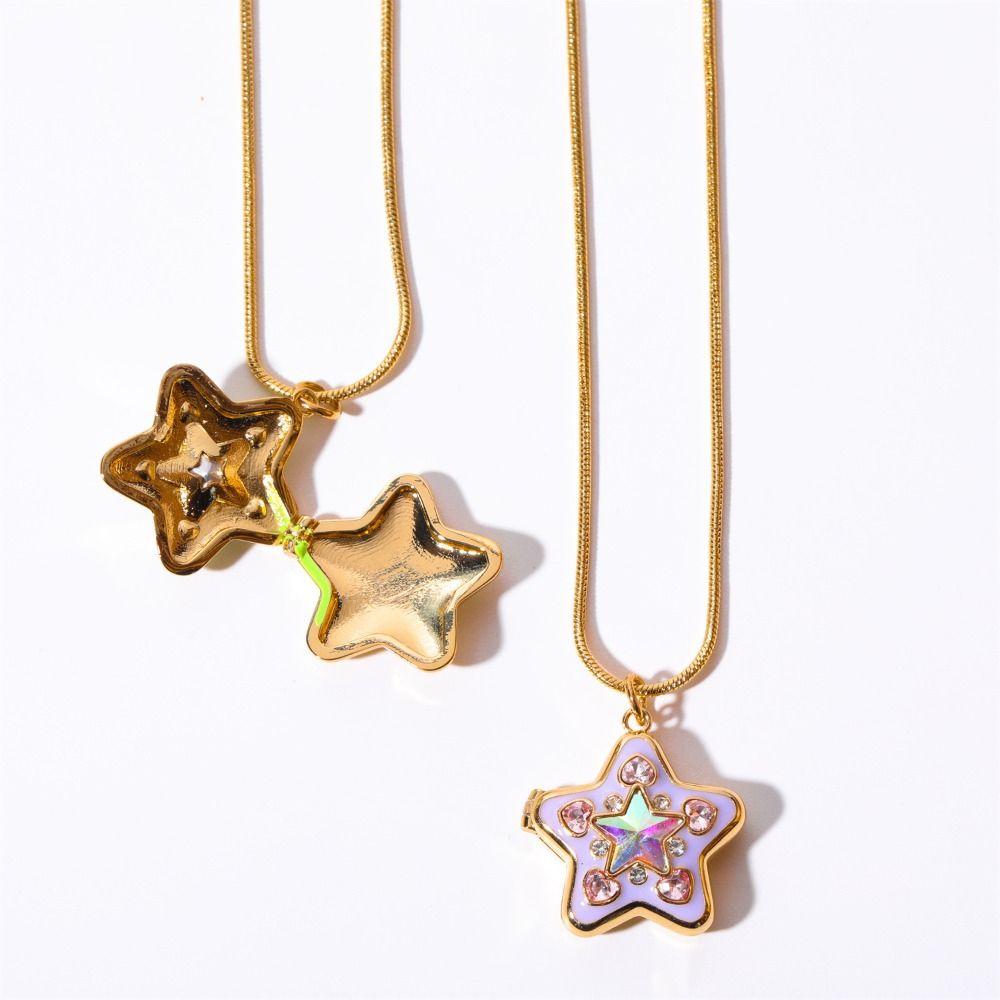 Openable Heart Necklace Photo Album Heart Star Pendant Full Zircon Necklace  Girls Gift