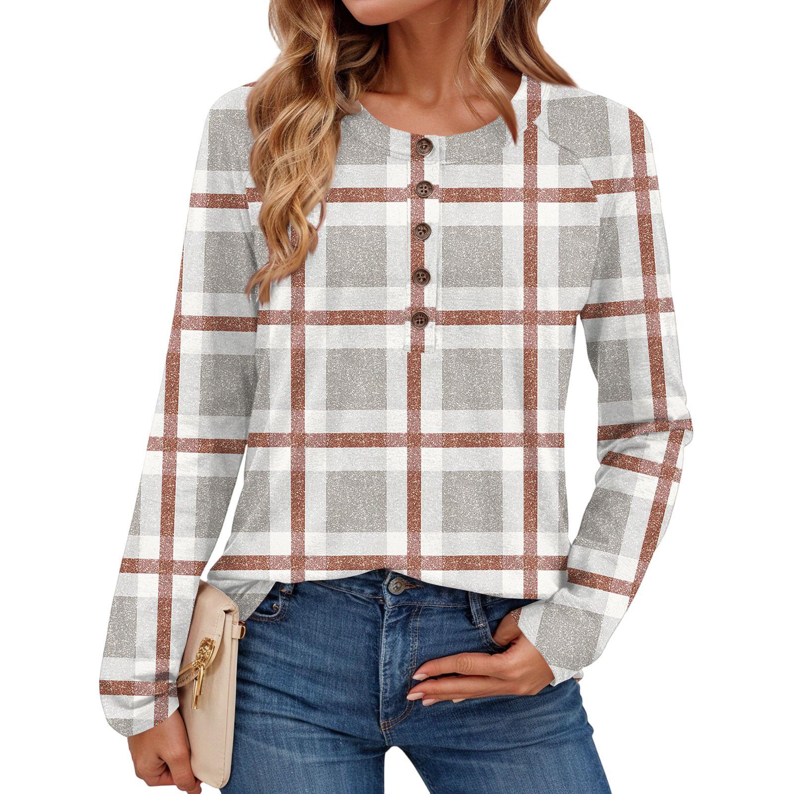 

Women s Fashionable Plaid Print Round Neck Long-sleeved Top S