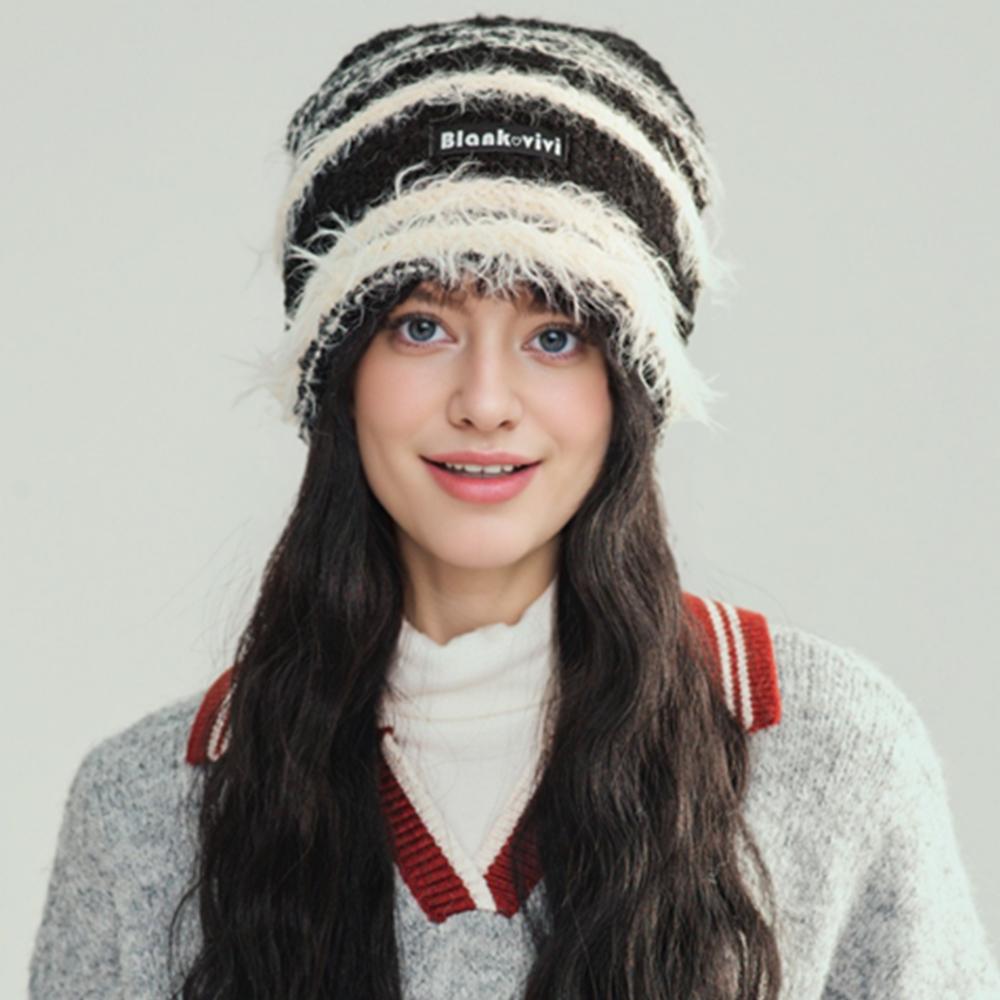 New Style Loose Dandy Hat Lazy Style Fashion Stripes Beanie Hat Sweet Winter Hats For Women Streetwear Knit Hats For Girl