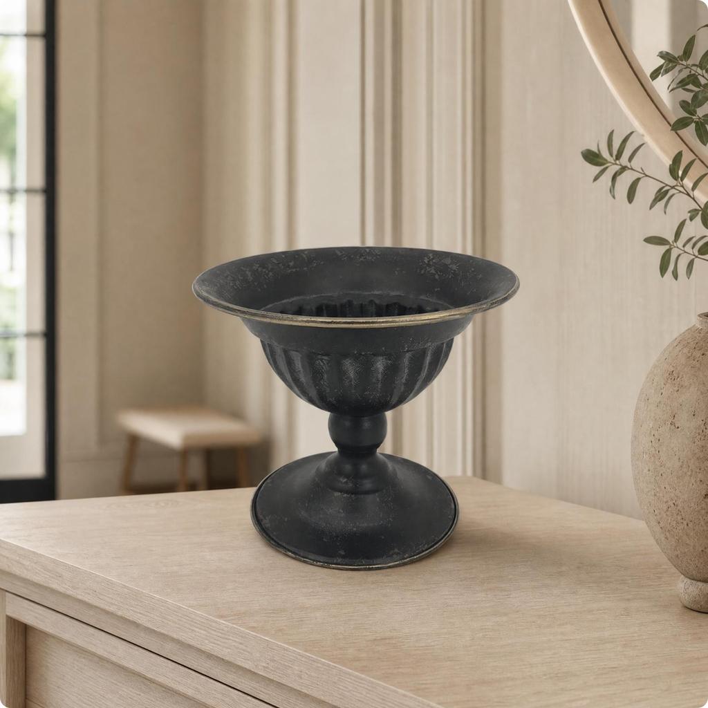 Distressed Metal Pedestal Vase Floral Bowl VintageInfluenced Elevated Stem Flower