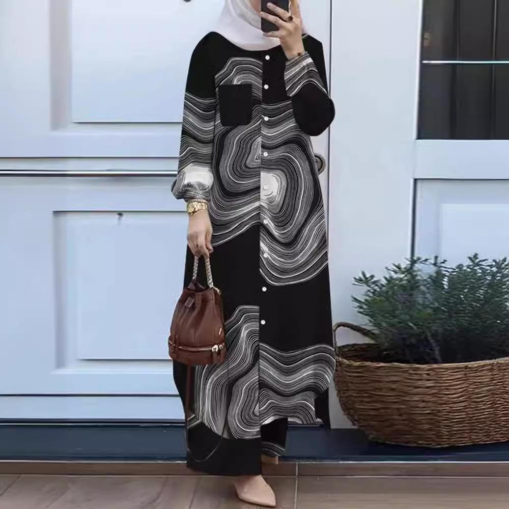 Middle Eastern Women's Long Sleeve Printed Cardigan Robe Dress