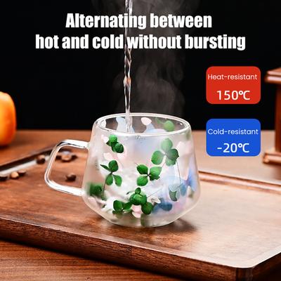 Kaffemuggar med dubbla väggar Höga borosilikatglasmuggar med färgglad bladdesign Isolerade Värmebeständiga Temuggar för Latte med handtag