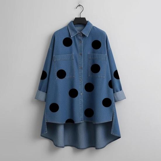 Gepunktetes Jeanshemd für Damen Locker geschnittenes Hemd mit Knöpfen und Brusttaschen Lässige Oversize-Jacke Frühling Sommer Modisches Trendiges Hemd