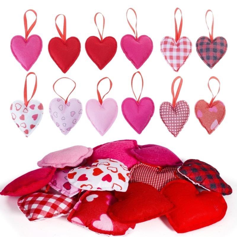 Pack of 12 Plaids Check Fabric Heart Shape Hanging Ornaments Pendants for Valentines Day Wedding Decors Party Supplies
