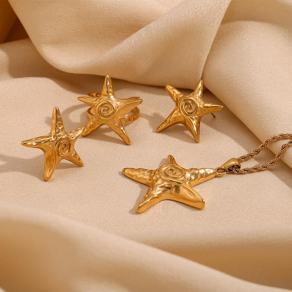 MamacitaSlay 316L Stainless Steel Starfish Central Vortex Opening Rings Waterproof 18K Gold Plated Jewelry Women's Unique Gift