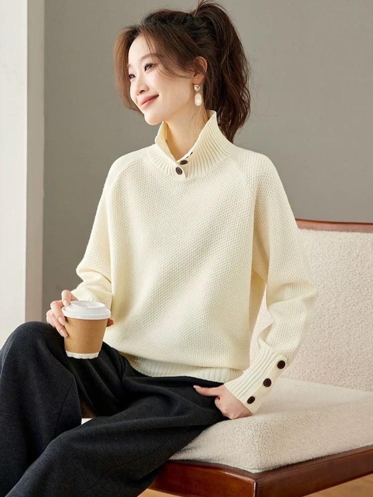 100% Pure Wool Red High-Neck Loose Knitwear Sweater for Women
