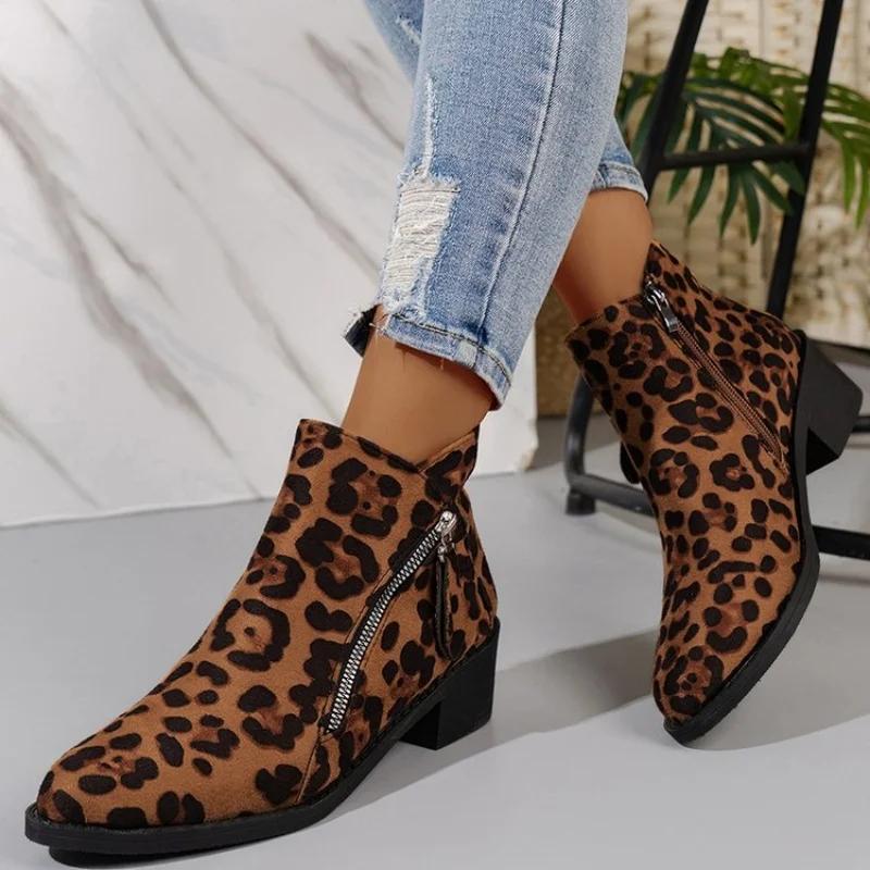 Fashion Big Size Leopard Boots Women  Autumn And Winter New Side Zipper Single Boots Women