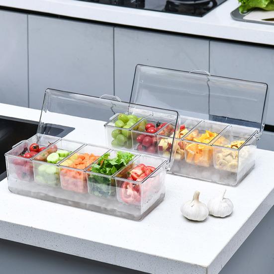 Fridge Ice Box with Lid Transparent Detachable 5 Compartments Salad Fruit Vegetable Storage Container Picnic Spice Case Ice Chilled Caddy