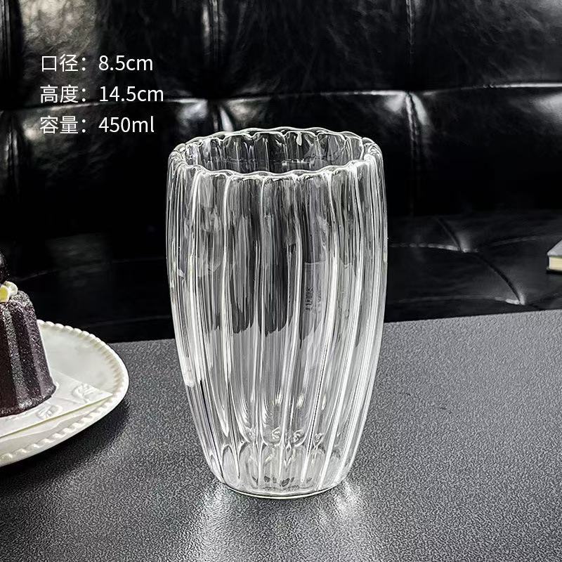 Borosilicate Glass Office Vertical Pattern Double-Layer Cup Thermal Insulation Milk Coffee Glass Household Double-Layer Vertical Pattern Water Cup