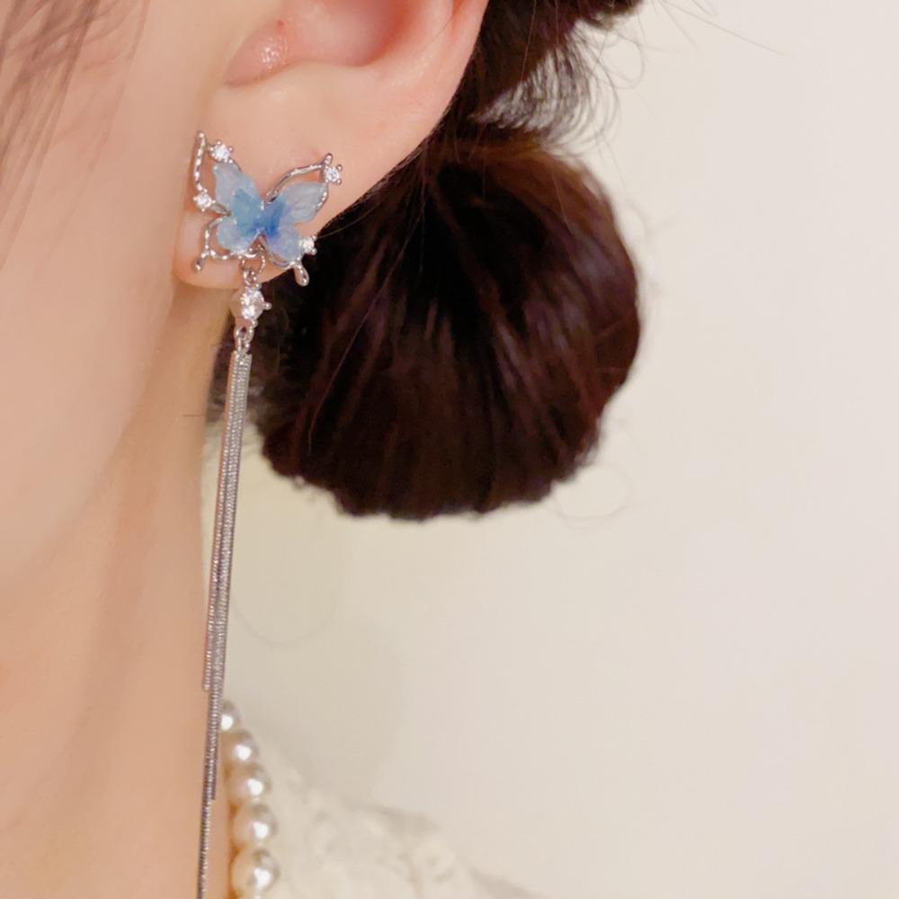 Dangle Butterfly Tassel Drop Earrings Shiny Zircon Stud Earrings Long Pendant Earrings  Party