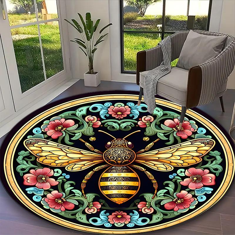 1pc Glass Bee Rug, Comfortable Printed Home Round Carpet, Cozy Office Chair Rug