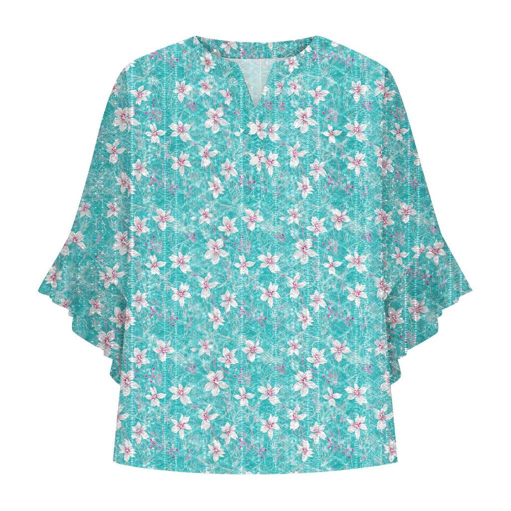 Women's Fashion Casual Button V-Neck Seven Sleeve Vintage Printed Shirt Top