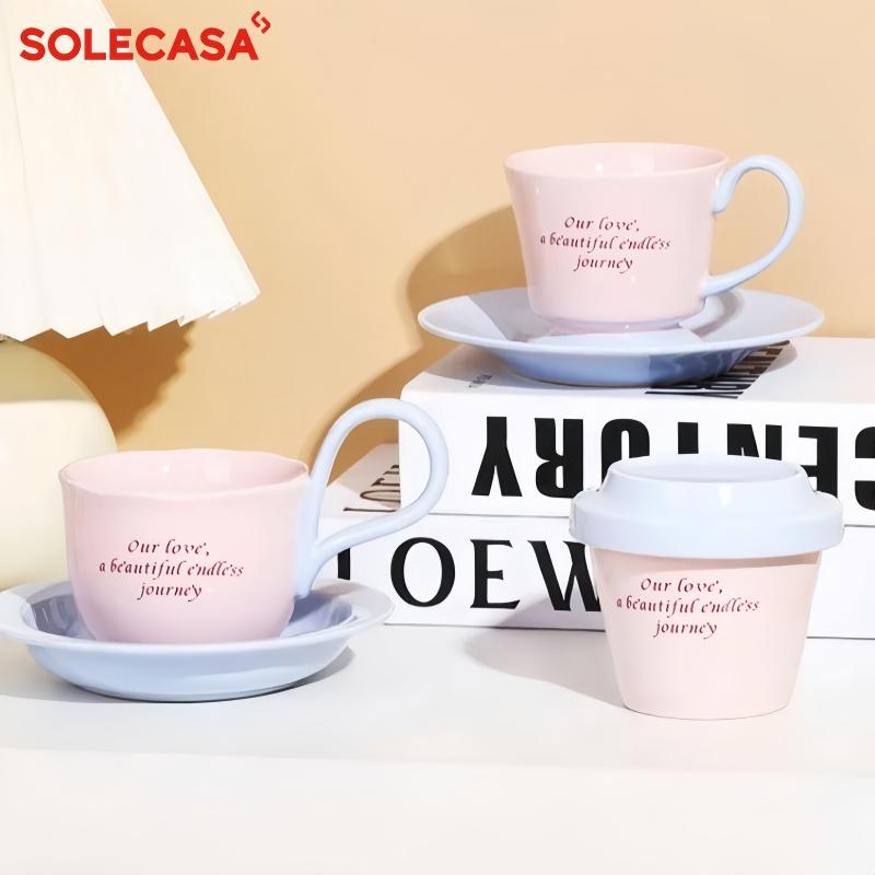 SOLECASA Ceramic Mugs with Creative Handle Pink Blue Coffee Cup & Saucer Set Afternoon Tea Coffee Latte Cups Home Coffee Mug Set