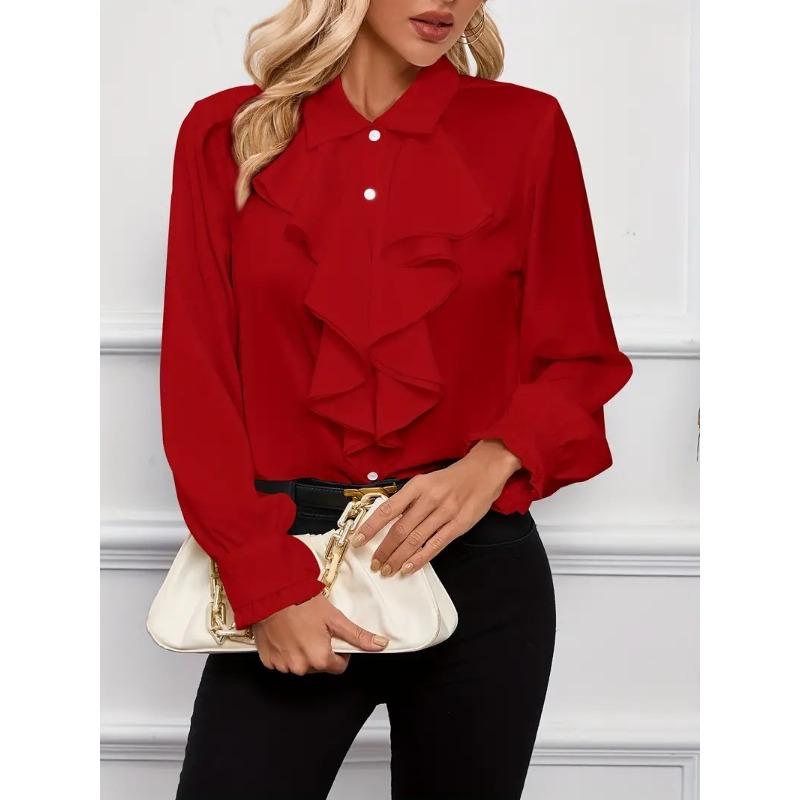 women's Solid Color Satin Lapel Collar Ruffle Layered Long Sleeve Cuff Detail Casual Blouse Shirt Top