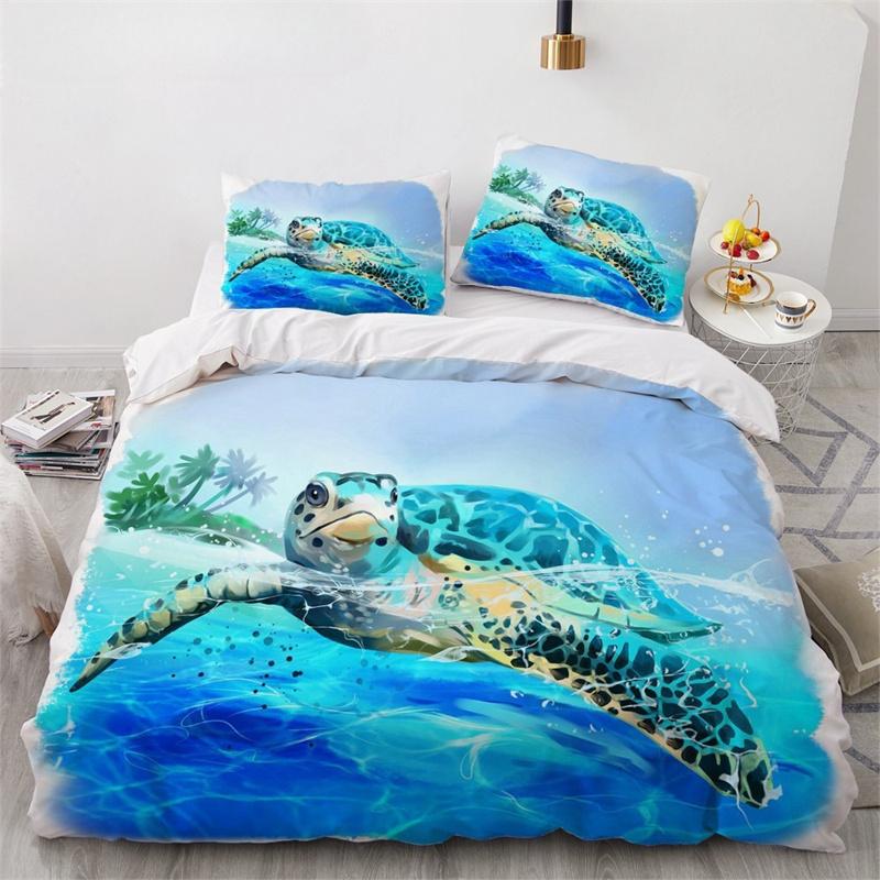 Dolphin Ocean King Queen Duvet Cover Cute 3D Sea Animal Bedding Set for Kids Teens Adults Shoal of Fish Blue 2/3pcs Quilt Cover