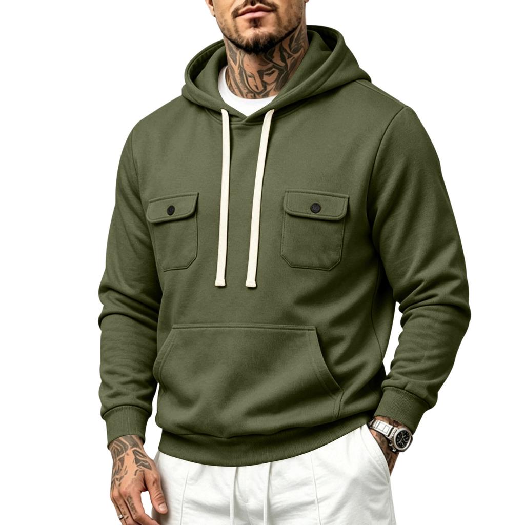 Men's Thick Warm Lined Knit Hoodie with Multiple Pockets, Casual Loose Fit Sweatshirt