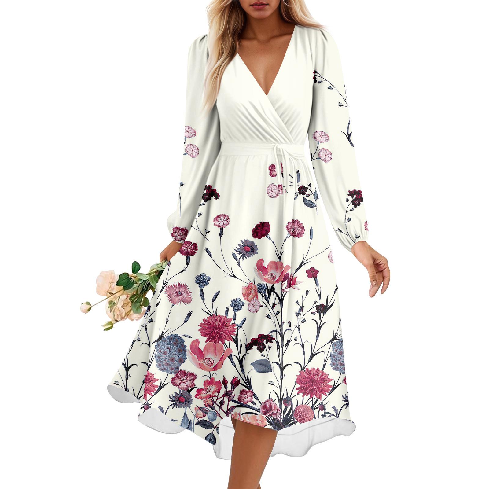 

Женское летнее свободное платье с V-образным вырезом, Элегантное платье M бежевый