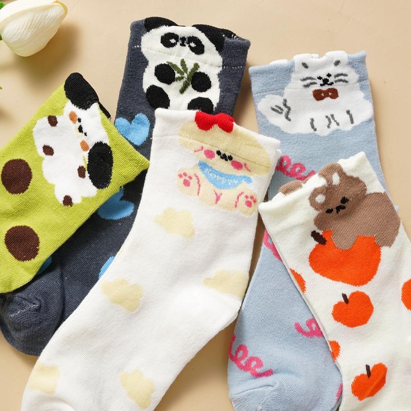1/5 Pairs Women's Cute Cartoon Mid Calf Socks Pure Sotton Skin-friendly Breathable Mid-tube Socks Suitable for All Seasons