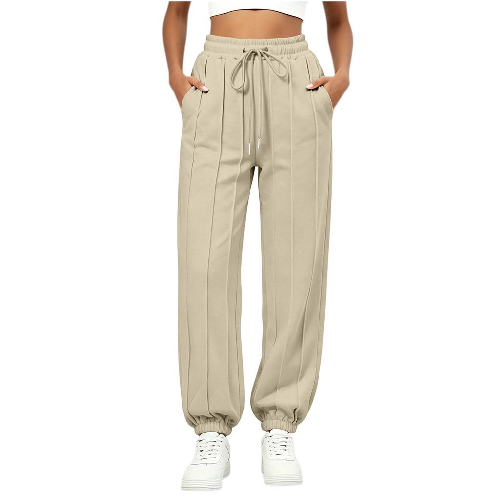 Women's Casual Color Loose Fit Drawstring Pants with Pockets and Tapered Cuffed Hem