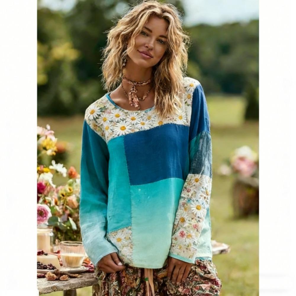 Europe America Women's T-shirt Fashion Floral Print Pullover Bohe Style Women Long Sleeve T-shirt Outdoor Casual Tees Top